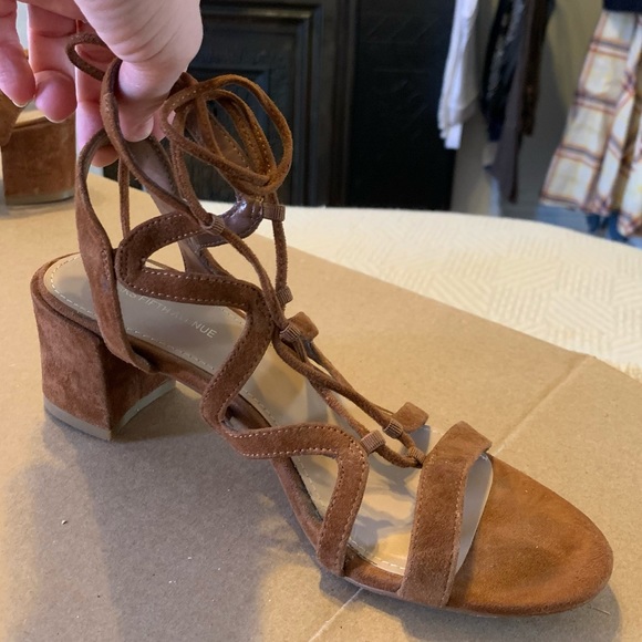 Saks Fifth Avenue Cognac Camel Brown Suede Lace Up Block Heel Sandals - 6.5 - Picture 13 of 16